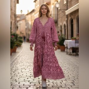 Anthropologie x Omika Tanvi Berry Long Sleeve Smocked Maxi Dress – Size XS